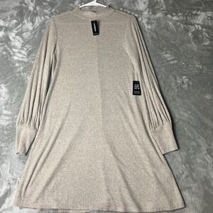 EXPRESS Mock Neck Ribbed Balloon Sleeve Sweater Dress Beige Size L